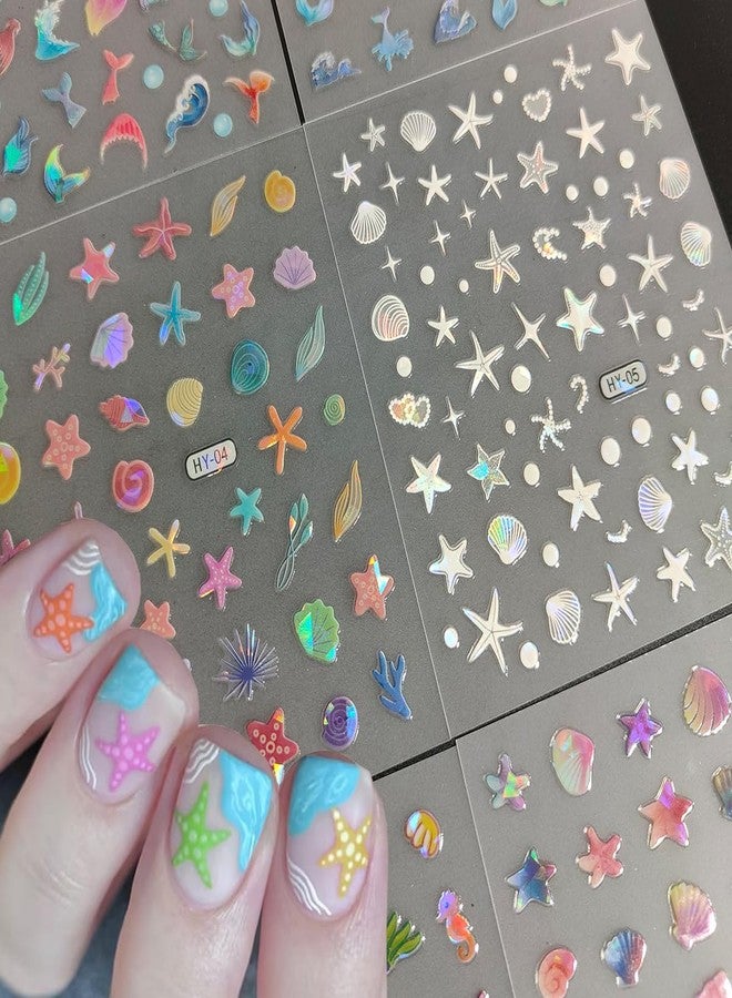 OSTTMA 12Sheets Summer Nail Art Stickers Shell Starfish Nail Stickers Cute Jellyfish Mermaid Nail Art Design 3D Self Adhesive Marine Life Nail Decals Summer Sea Theme Nail Supplies for Women Manicure Decor - Image 2